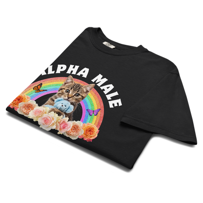 Product details of a Funny Alpha Male Cat rainbow roses heavyweight graphic t-shirt in black by Boozy Fox