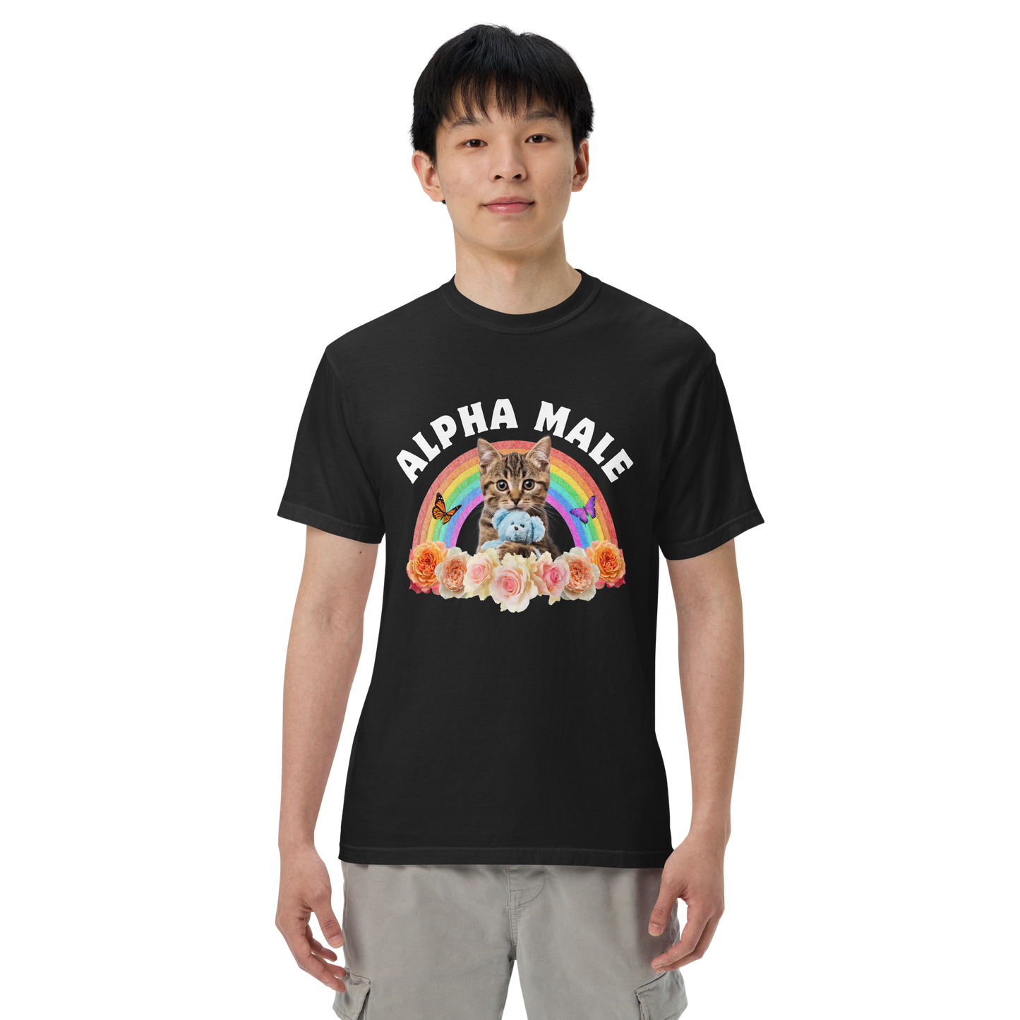 Man wearing a Funny Alpha Male Cat rainbow roses heavyweight graphic t-shirt in black by Boozy Fox