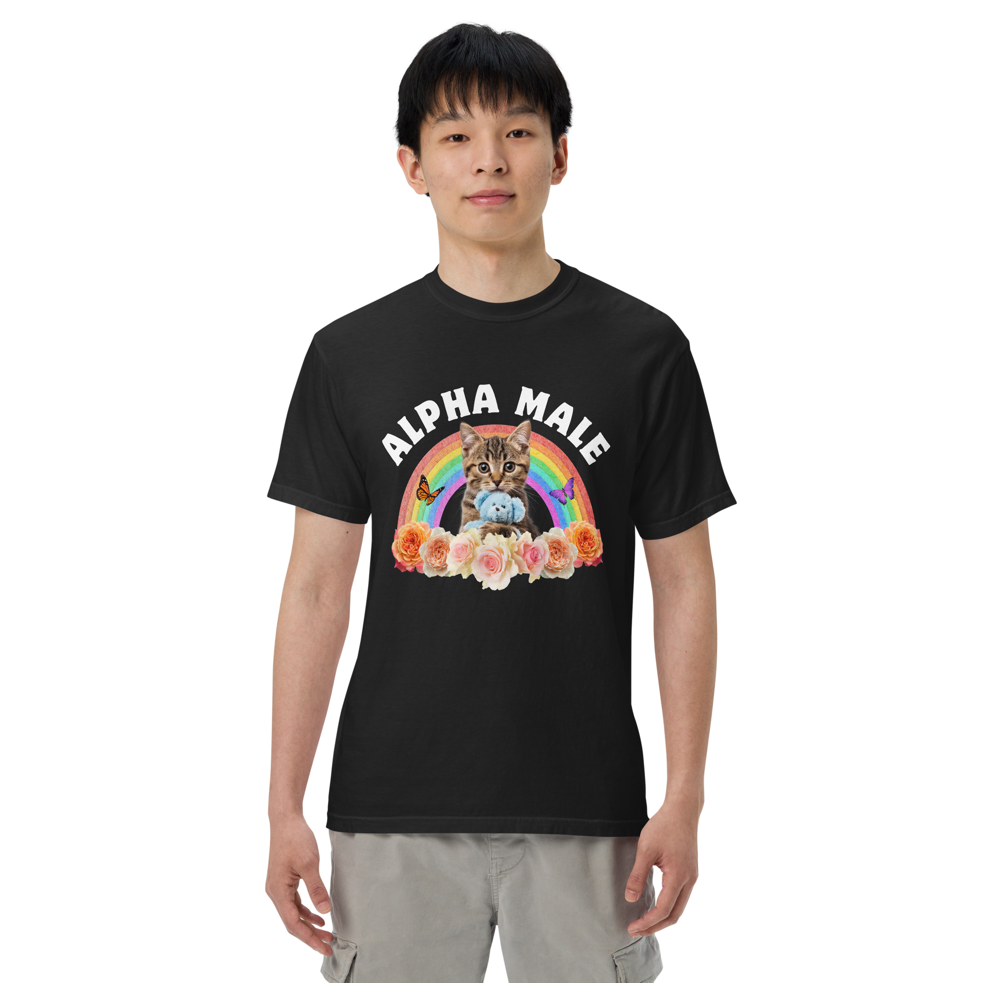Man wearing a Funny Alpha Male Cat rainbow roses heavyweight graphic t-shirt in black by Boozy Fox