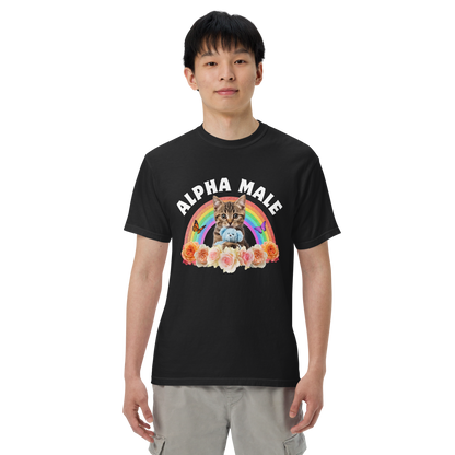 Man wearing a Funny Alpha Male Cat rainbow roses heavyweight graphic t-shirt in black by Boozy Fox