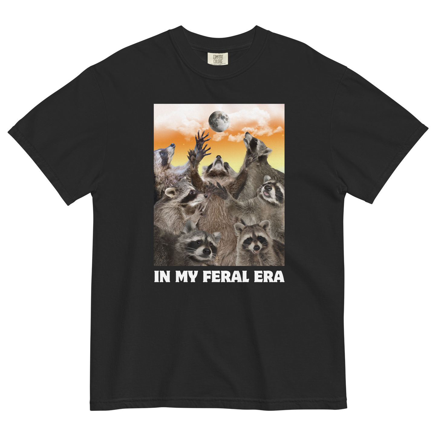 Funny In My Feral Era Raccoon heavyweight graphic t-shirt in black by Boozy Fox