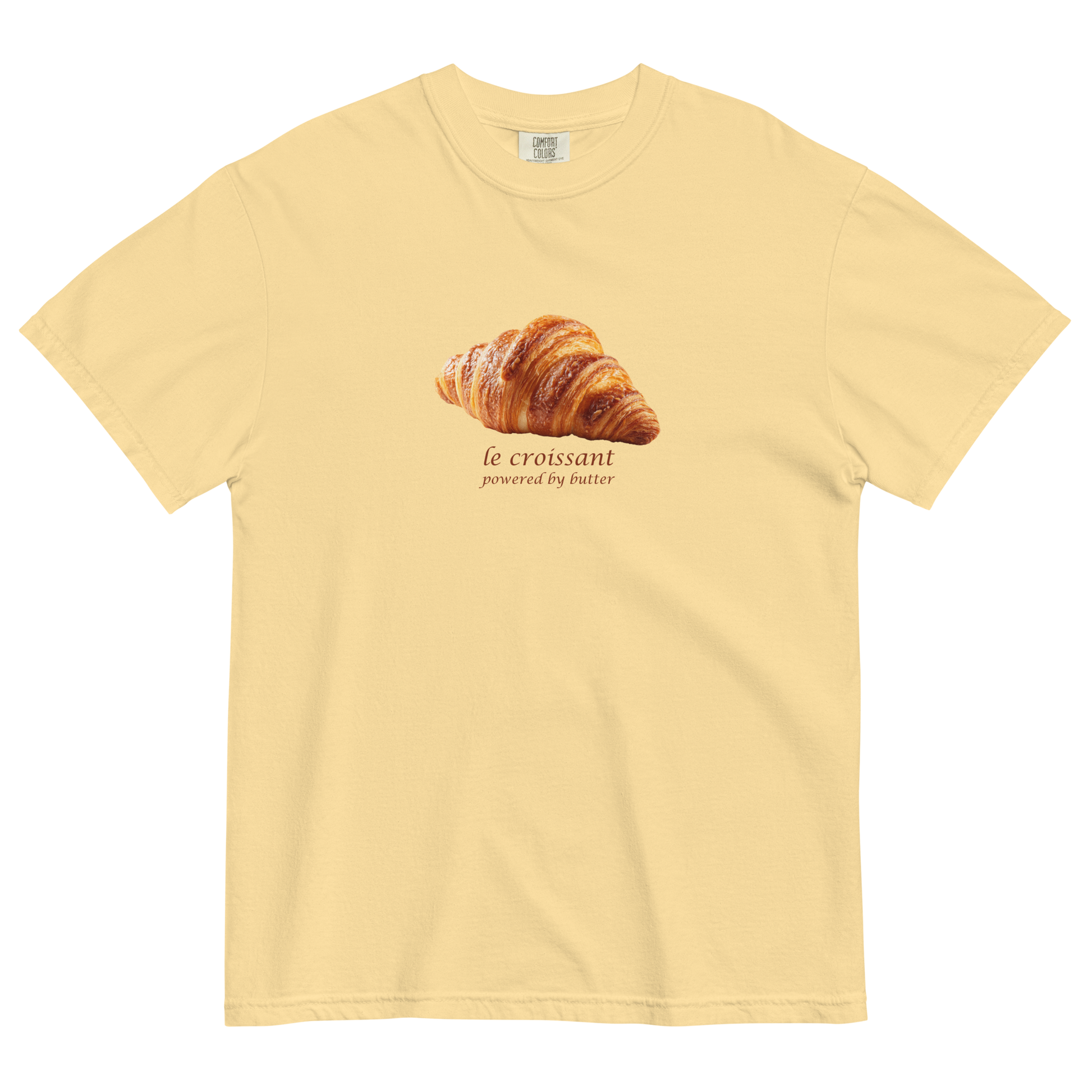 Funny Le Croissant heavyweight graphic t-shirt in butter yellow by Boozy Fox