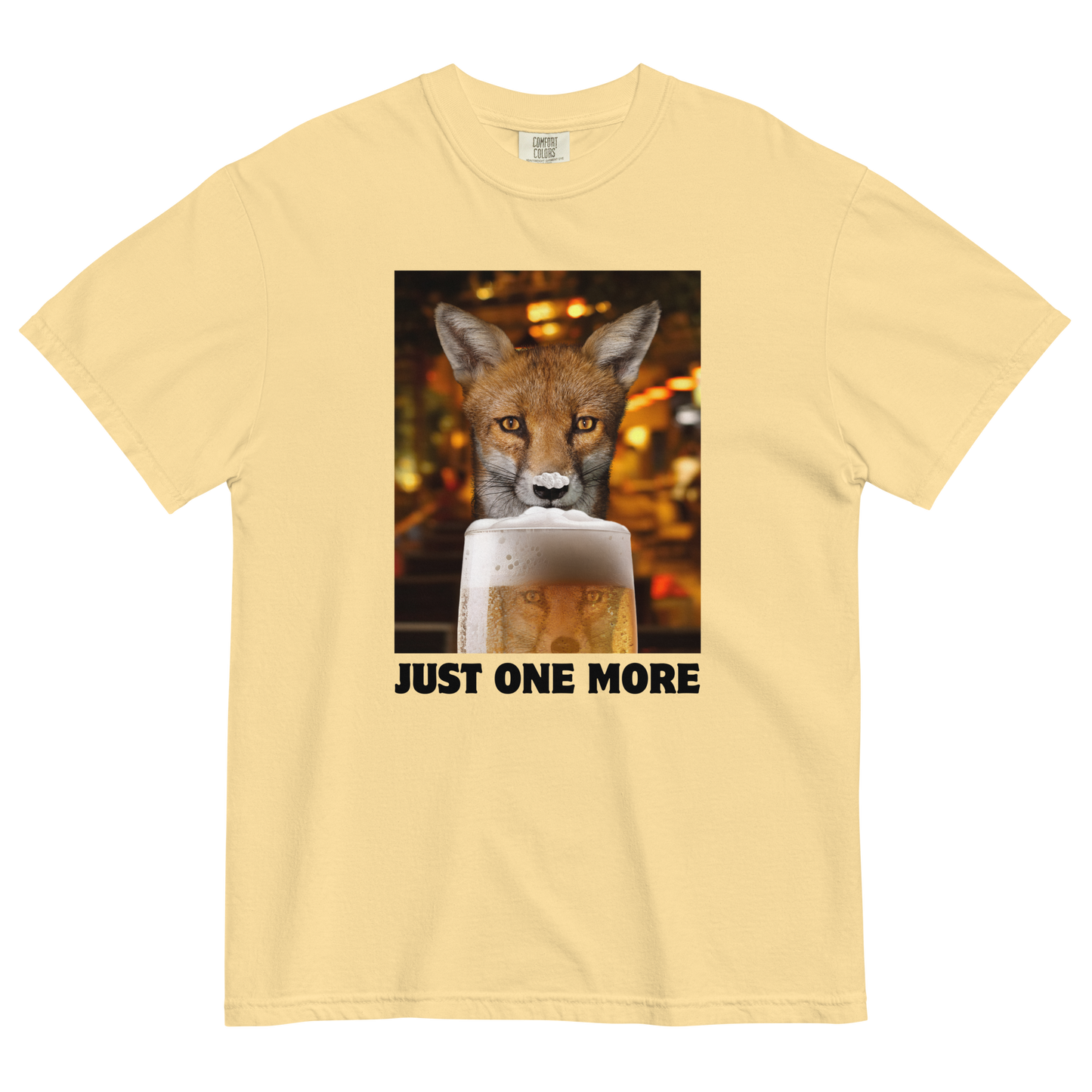 Funny Just One More Fox heavyweight graphic t-shirt in butter yellow by Boozy Fox