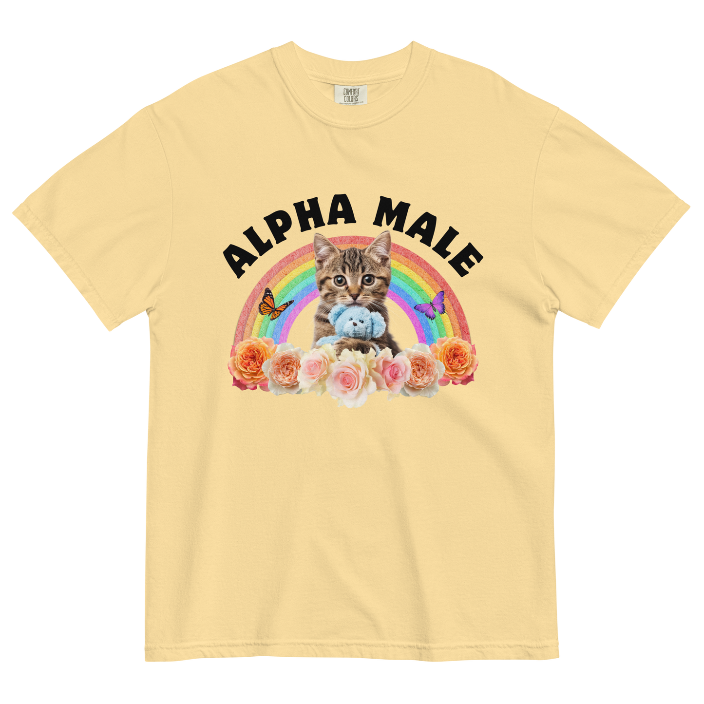 Funny Alpha Male Cat rainbow roses heavyweight graphic t-shirt in butter yellow by Boozy Fox