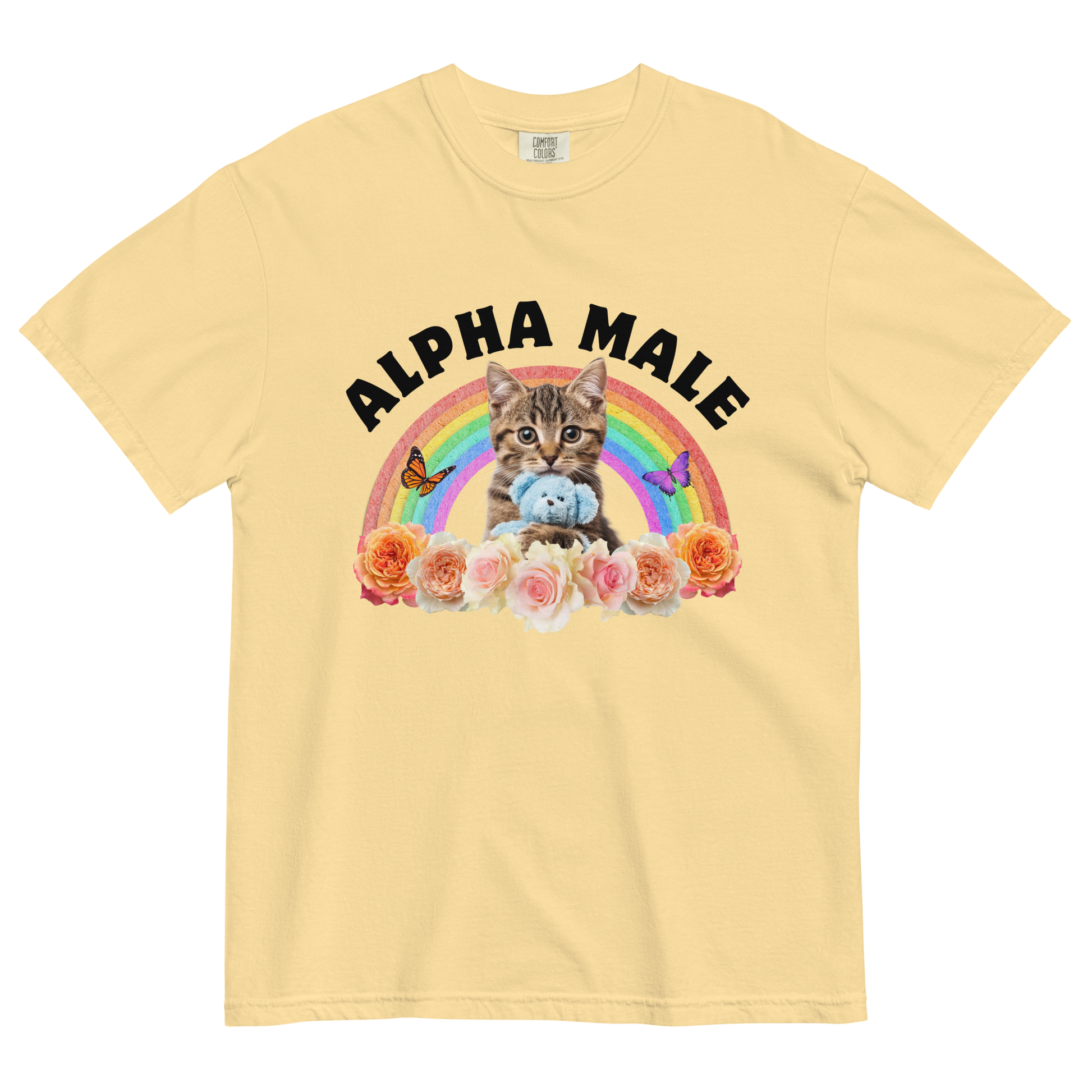 Funny Alpha Male Cat rainbow roses heavyweight graphic t-shirt in butter yellow by Boozy Fox