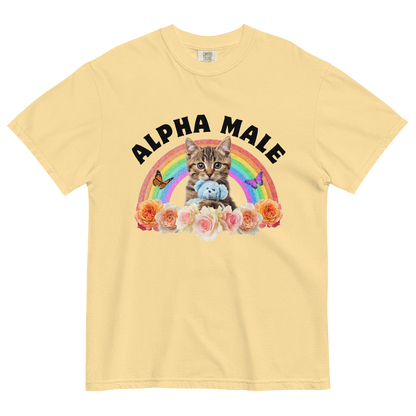 Funny Alpha Male Cat rainbow roses heavyweight graphic t-shirt in butter yellow by Boozy Fox