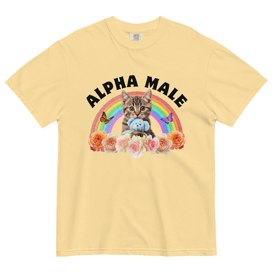 Funny Alpha Male Cat rainbow roses heavyweight graphic t-shirt in butter yellow by Boozy Fox
