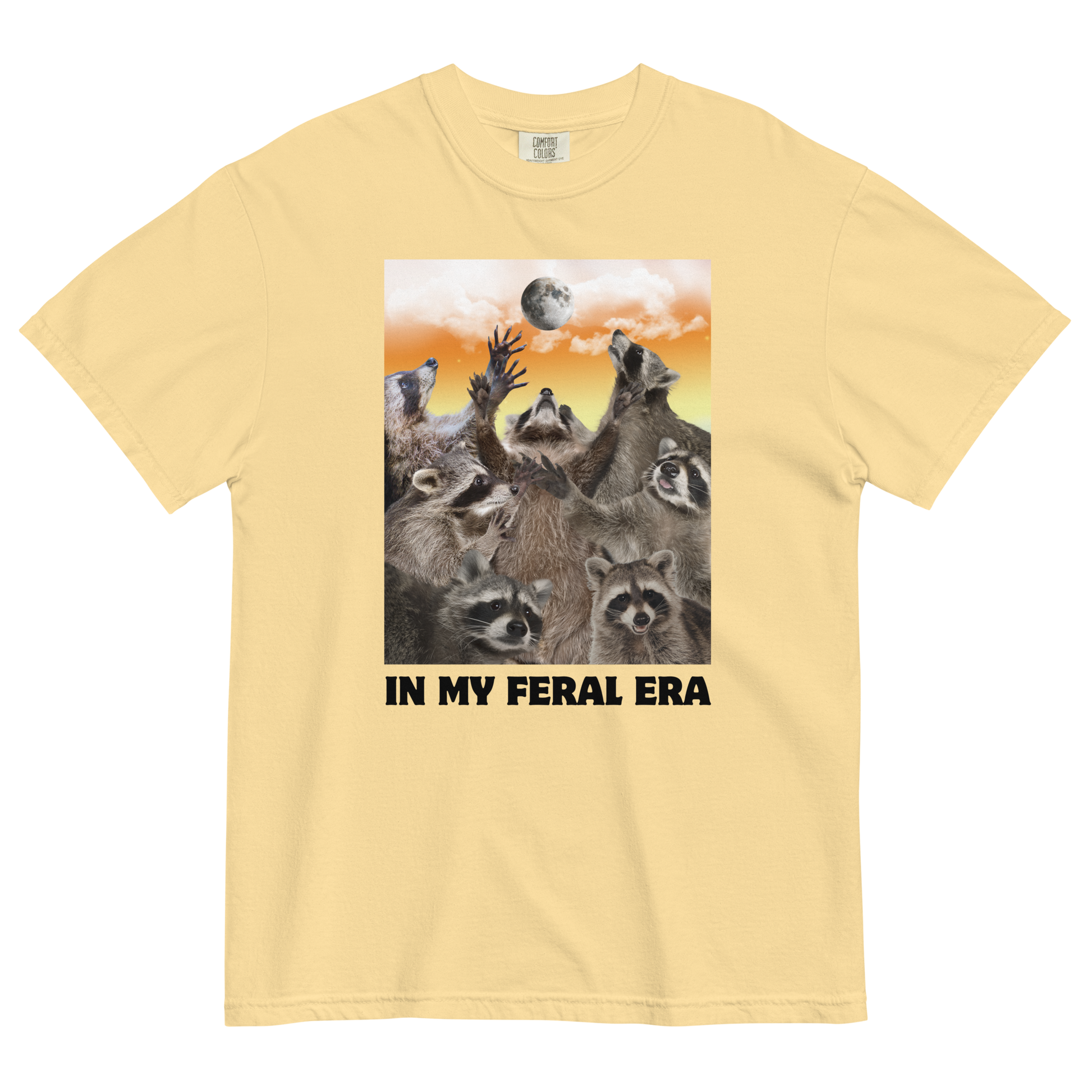 Funny In My Feral Era Raccoon heavyweight graphic t-shirt in butter yellow by Boozy Fox