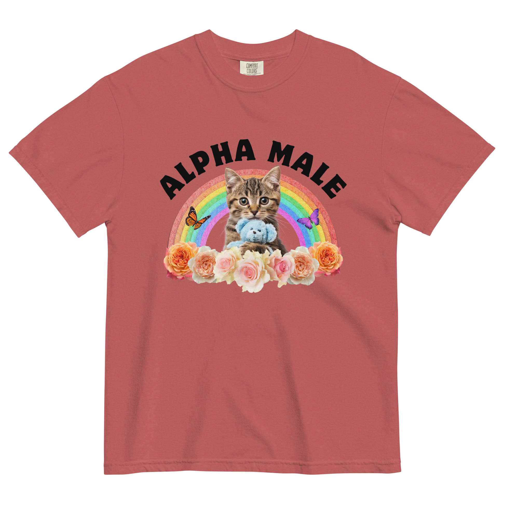 Funny Alpha Male Cat rainbow roses heavyweight graphic t-shirt in crimson red by Boozy Fox