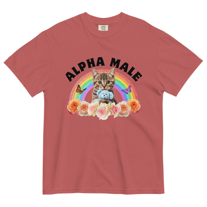 Funny Alpha Male Cat rainbow roses heavyweight graphic t-shirt in crimson red by Boozy Fox