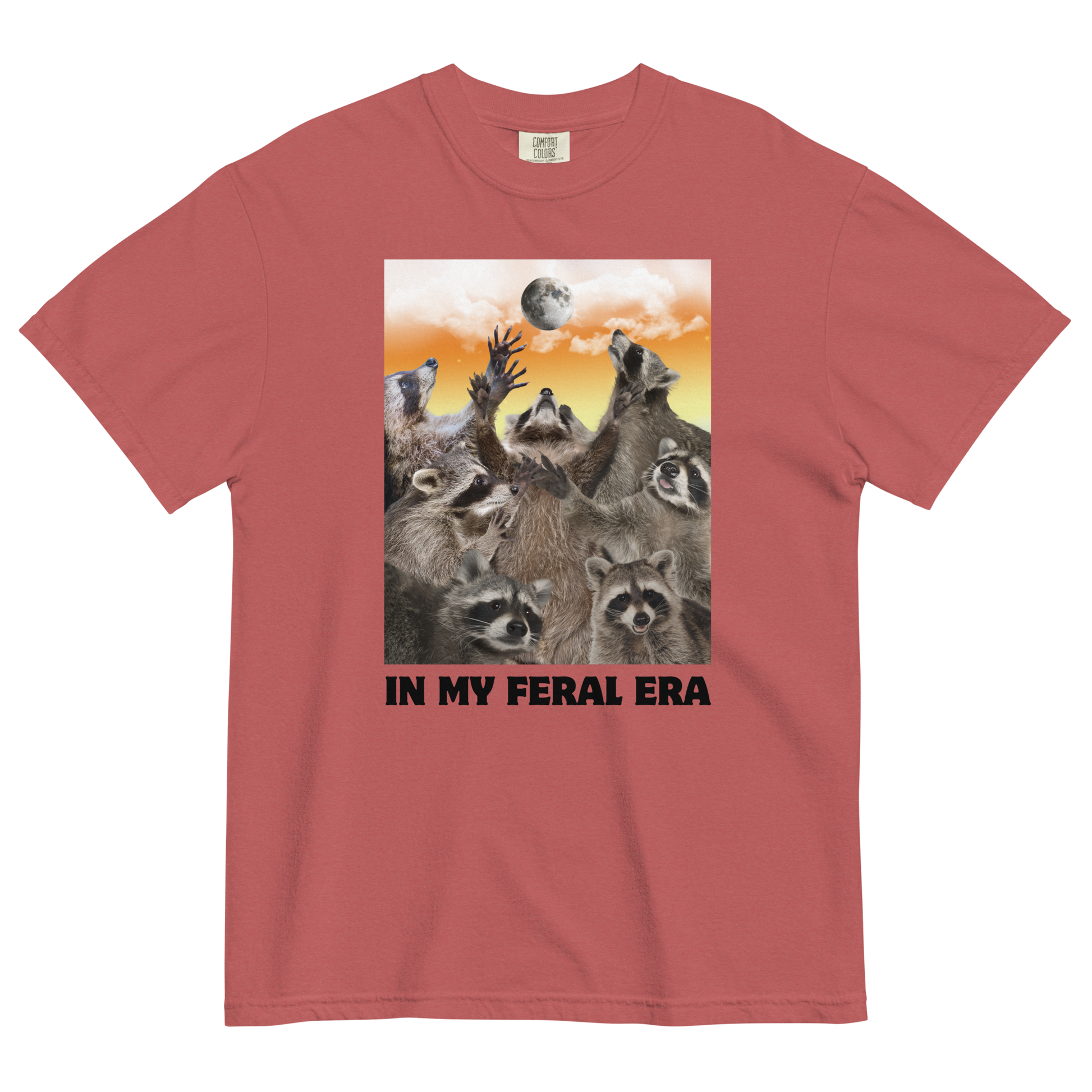 Funny In My Feral Era Raccoon heavyweight graphic t-shirt in crimson red by Boozy Fox