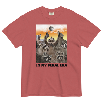 Funny In My Feral Era Raccoon heavyweight graphic t-shirt in crimson red by Boozy Fox
