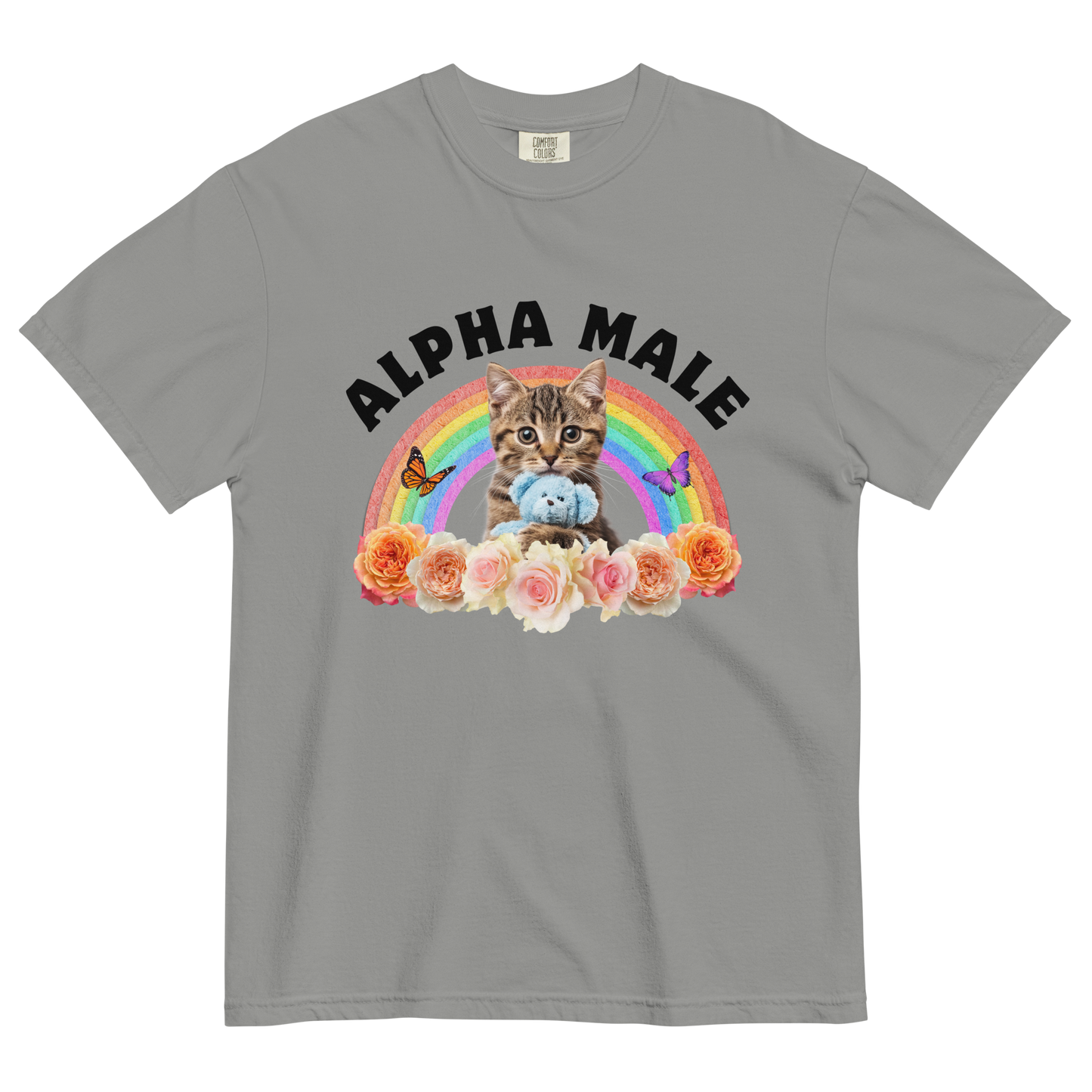 Funny Alpha Male Cat rainbow roses heavyweight graphic t-shirt in grey by Boozy Fox