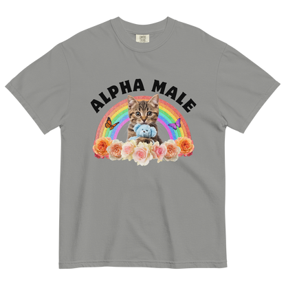 Funny Alpha Male Cat rainbow roses heavyweight graphic t-shirt in grey by Boozy Fox