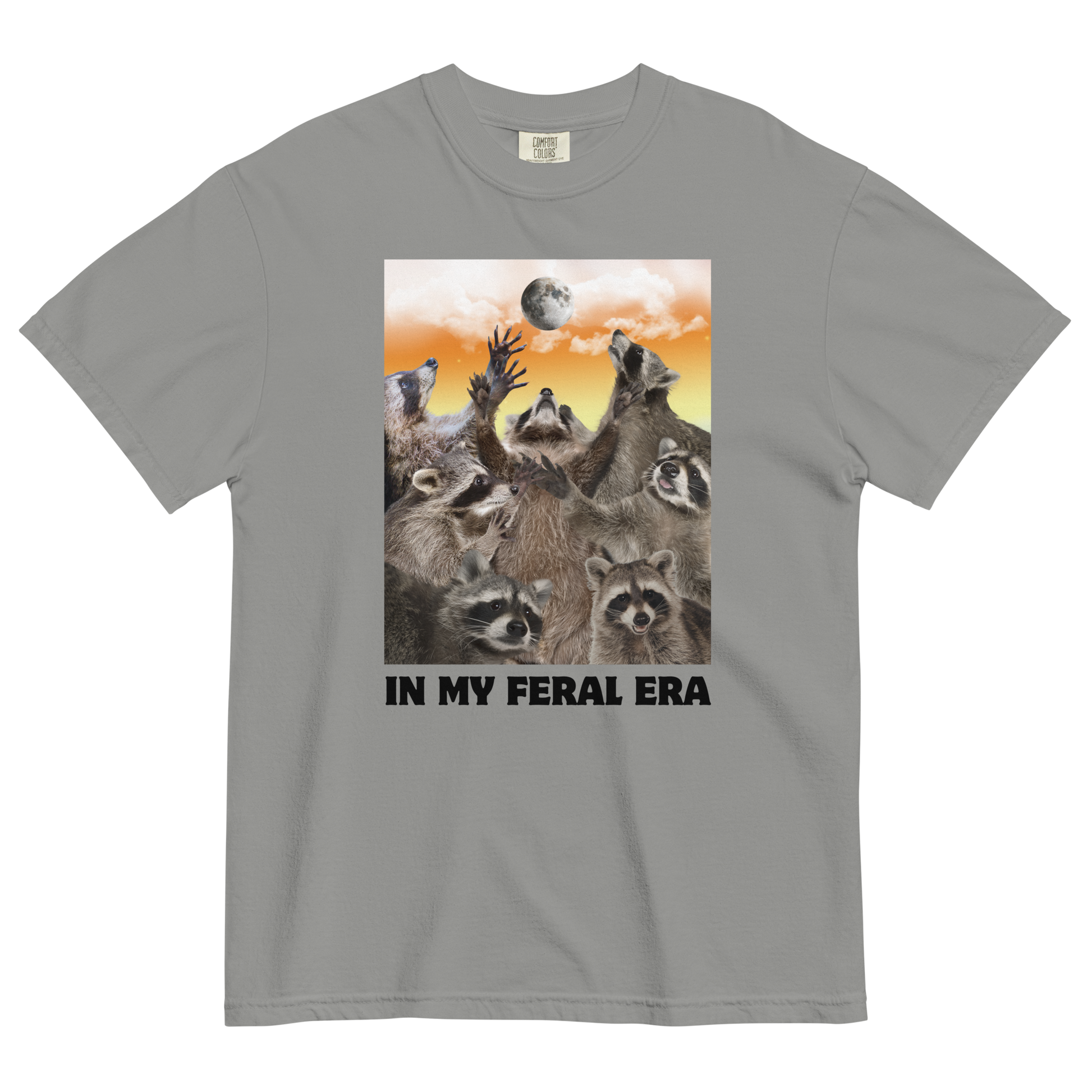 Funny In My Feral Era Raccoon heavyweight graphic t-shirt in grey by Boozy Fox