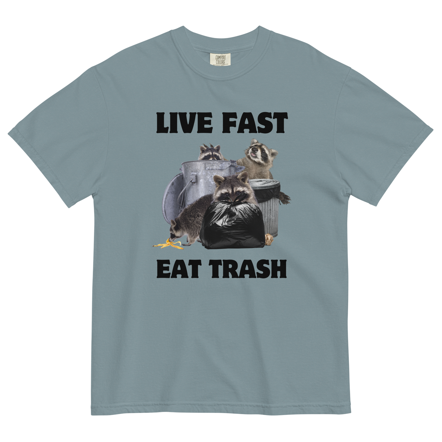 Live Fast, Eat Trash Raccoon Heavyweight T-Shirt Online - Ice Blue - Boozy Fox