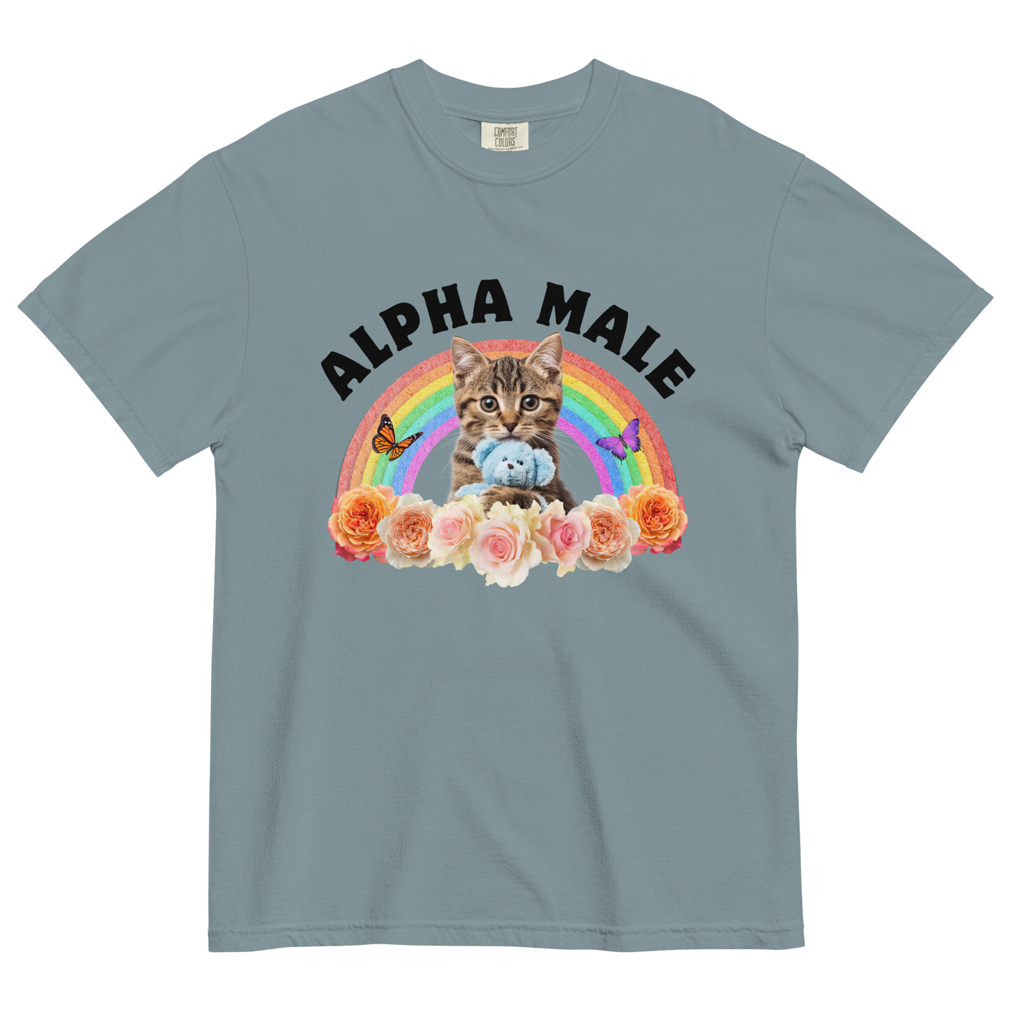 Funny Alpha Male Cat rainbow roses heavyweight graphic t-shirt in ice blue by Boozy Fox