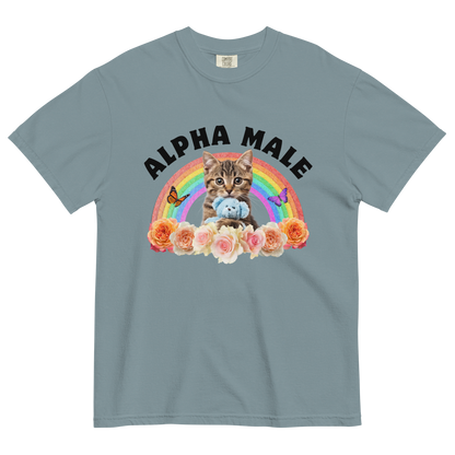 Funny Alpha Male Cat rainbow roses heavyweight graphic t-shirt in ice blue by Boozy Fox