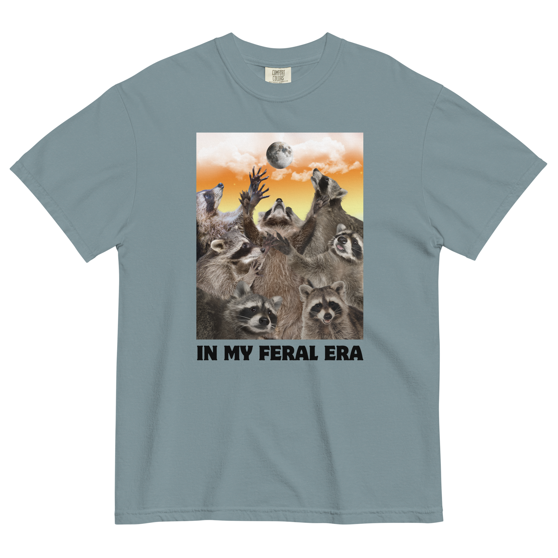 Funny In My Feral Era Raccoon heavyweight graphic t-shirt in ice blue by Boozy Fox