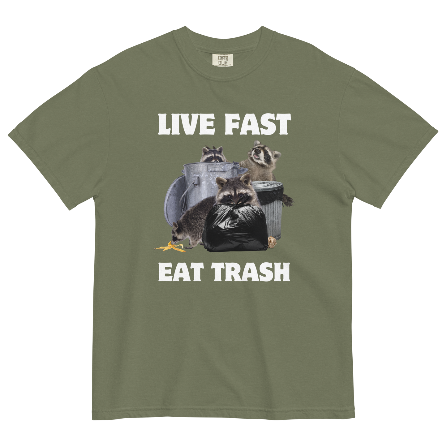 Live Fast, Eat Trash Raccoon Heavyweight T-Shirt Online - Moss - Boozy Fox