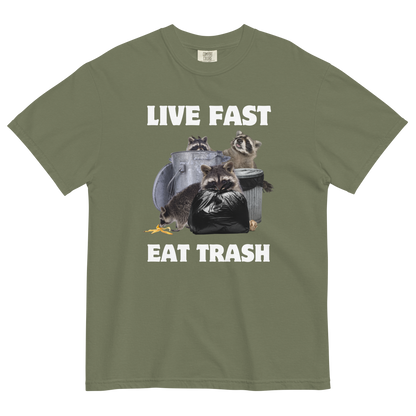 Live Fast, Eat Trash Raccoon Heavyweight T-Shirt Online - Moss - Boozy Fox