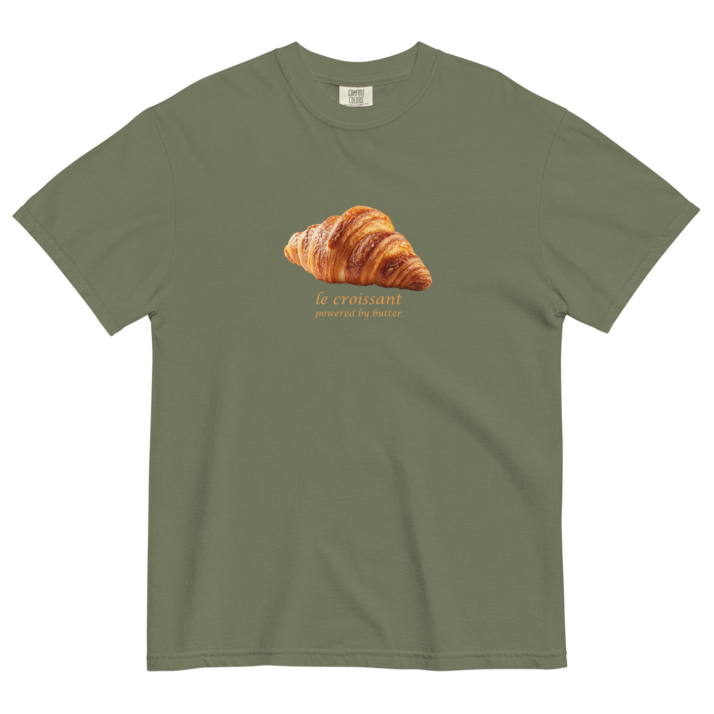 Funny Le Croissant heavyweight graphic t-shirt in moss green by Boozy Fox