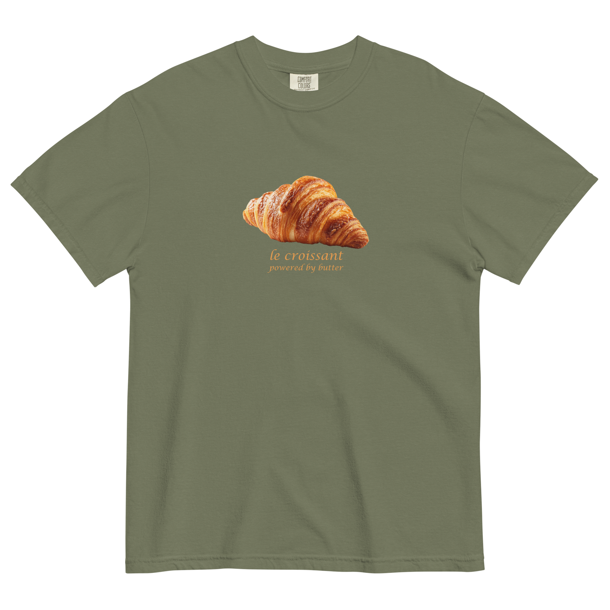 Funny Le Croissant heavyweight graphic t-shirt in moss green by Boozy Fox