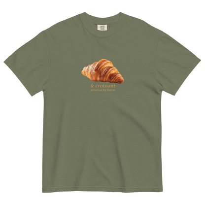 Funny Le Croissant heavyweight graphic t-shirt in moss green by Boozy Fox