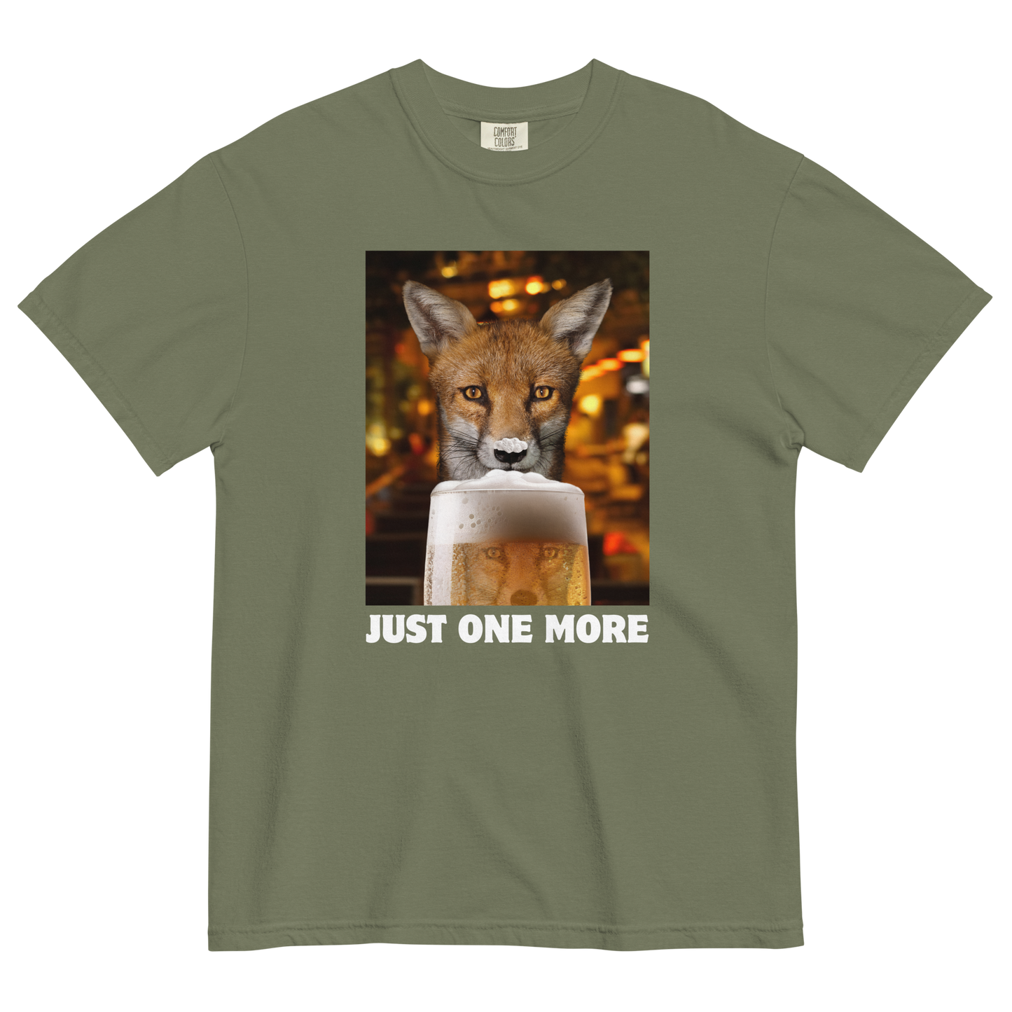 Funny Just One More Fox heavyweight graphic t-shirt in moss green by Boozy Fox