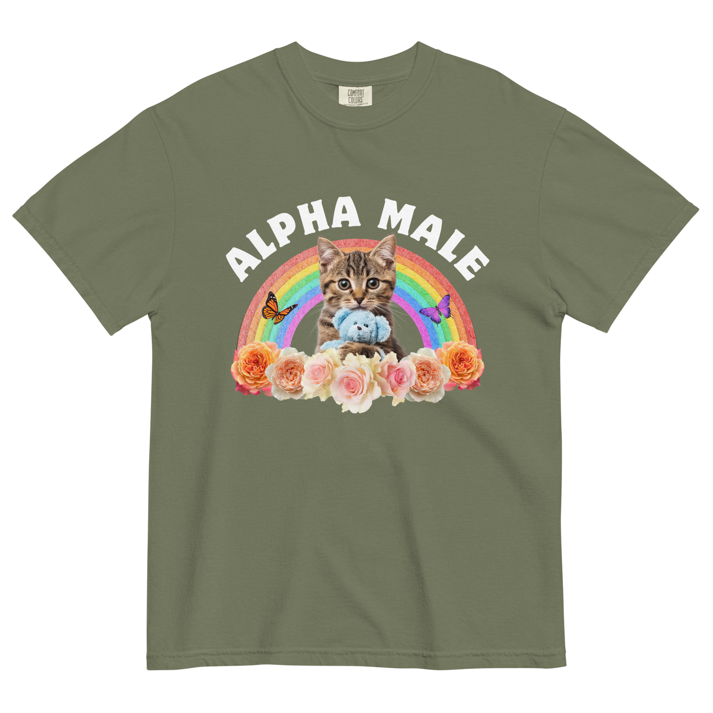 Funny Alpha Male Cat rainbow roses heavyweight graphic t-shirt in moss green by Boozy Fox