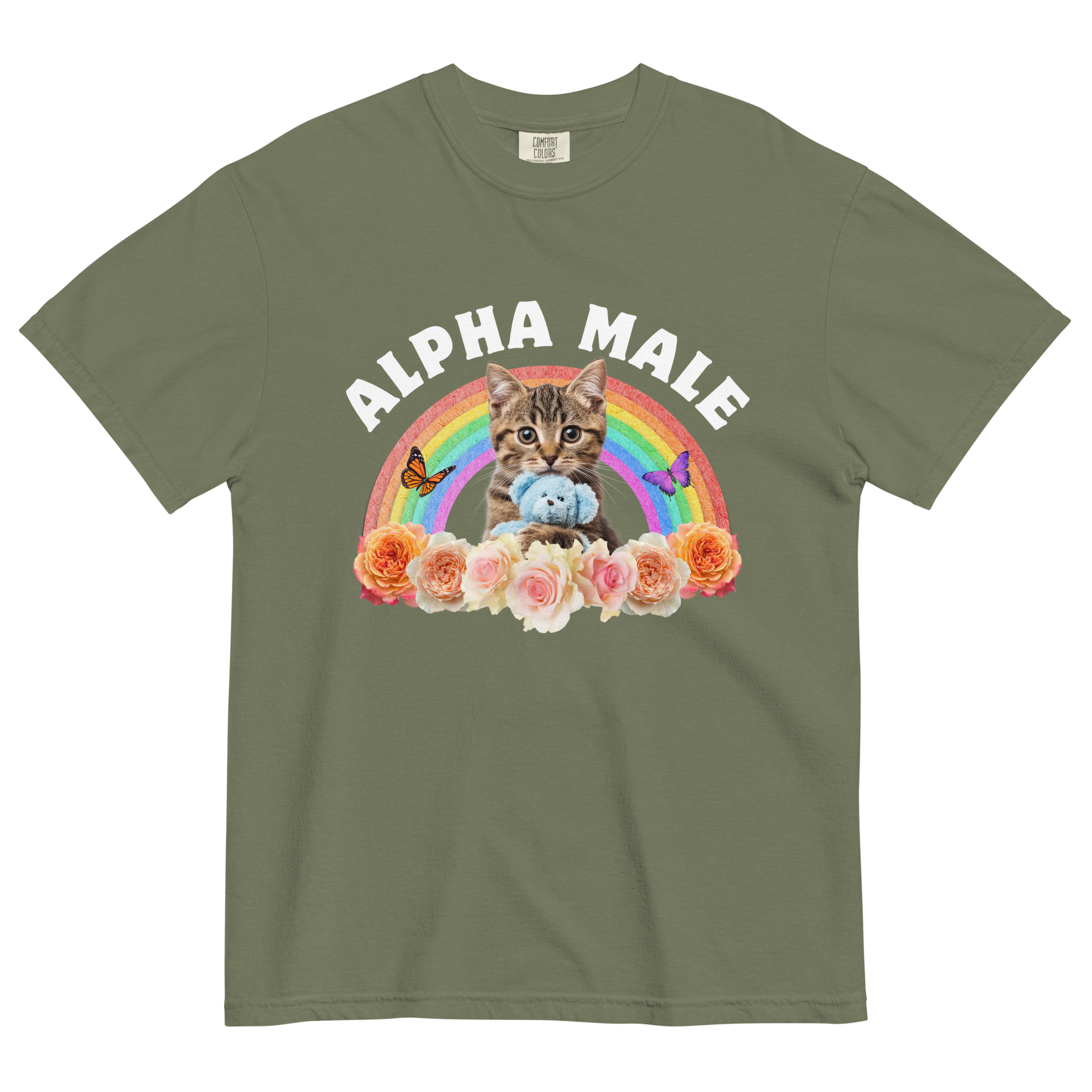 Funny Alpha Male Cat rainbow roses heavyweight graphic t-shirt in moss green by Boozy Fox