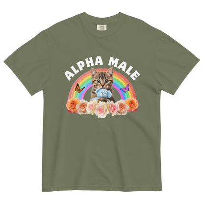 Funny Alpha Male Cat rainbow roses heavyweight graphic t-shirt in moss green by Boozy Fox