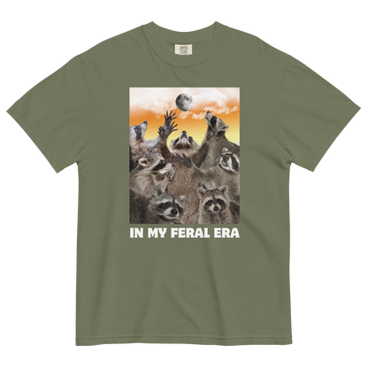 Funny In My Feral Era Raccoon heavyweight graphic t-shirt in moss green by Boozy Fox