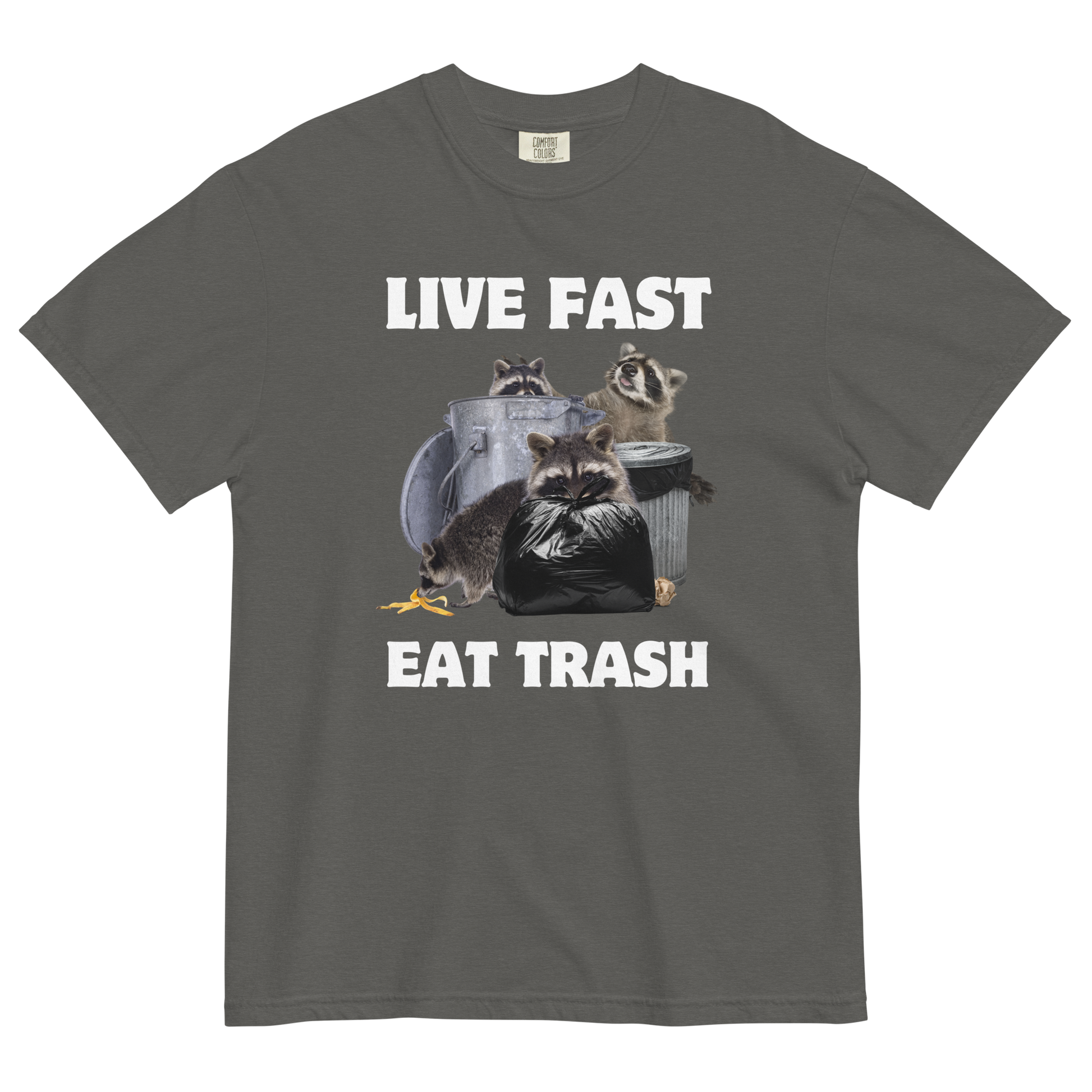 Live Fast, Eat Trash Raccoon Heavyweight T-Shirt Online - Pepper - Boozy Fox