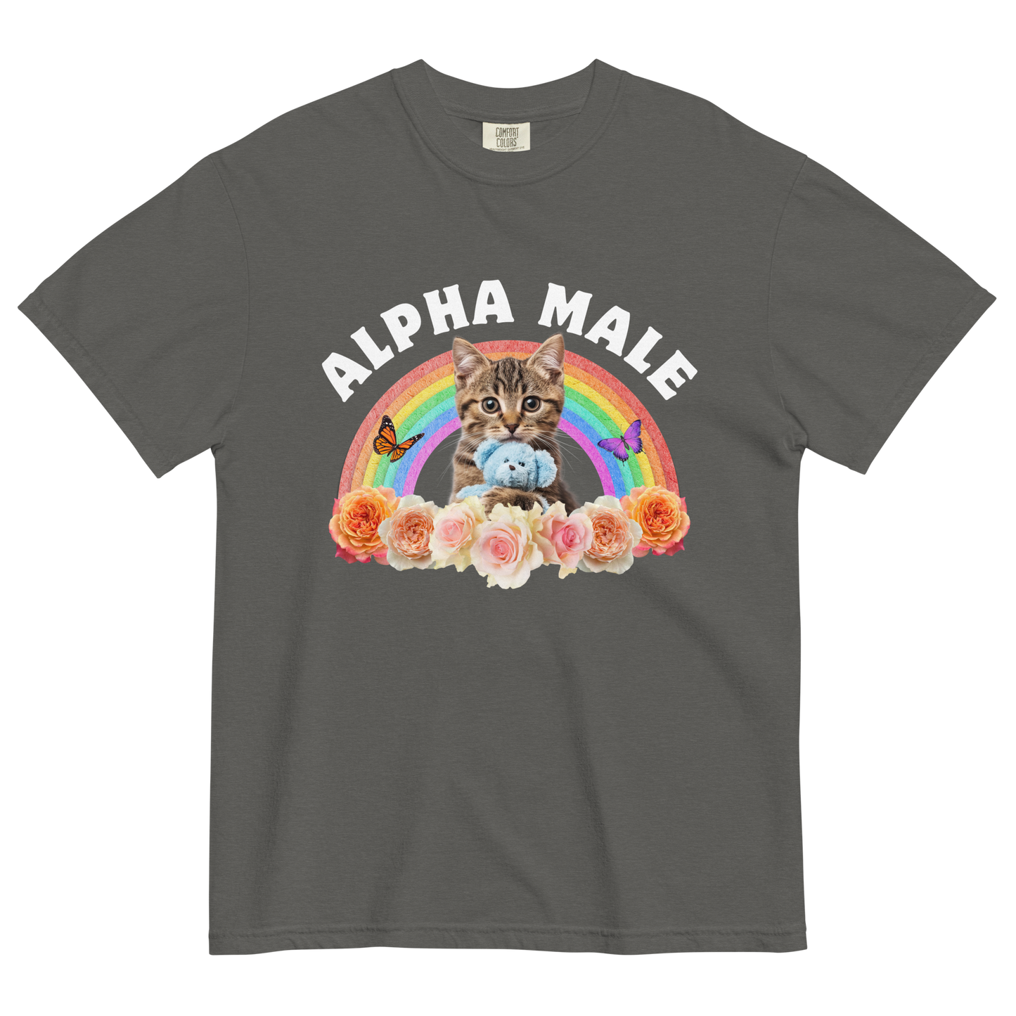 Funny Alpha Male Cat rainbow roses heavyweight graphic t-shirt in pepper grey by Boozy Fox