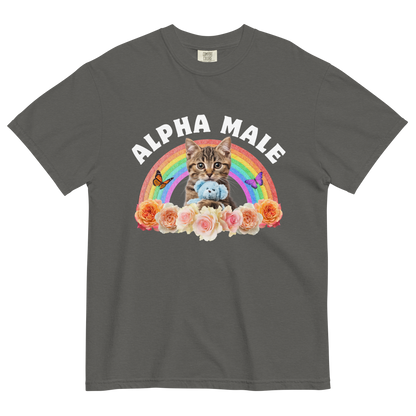 Funny Alpha Male Cat rainbow roses heavyweight graphic t-shirt in pepper grey by Boozy Fox