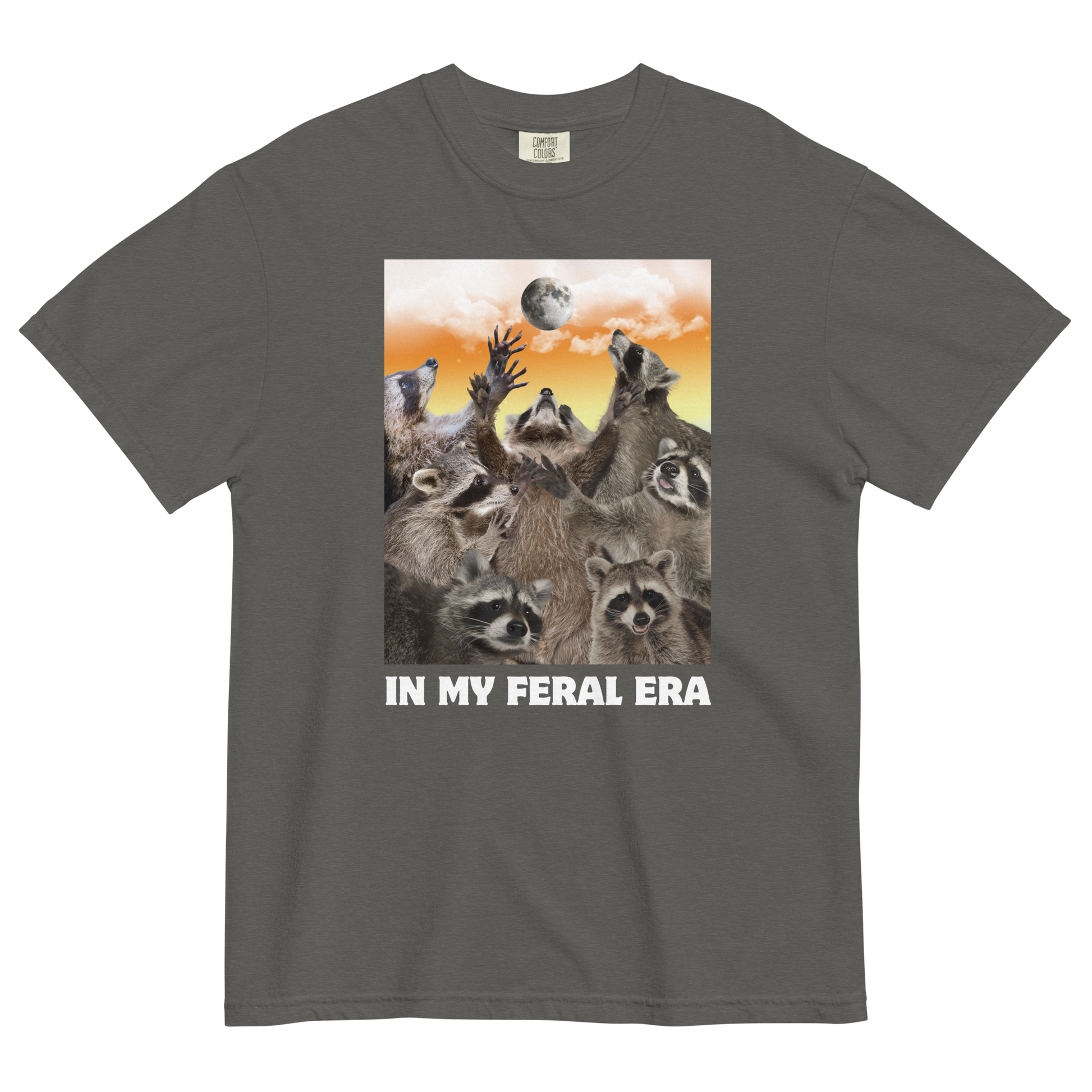 Funny In My Feral Era Raccoon heavyweight graphic t-shirt in pepper grey by Boozy Fox