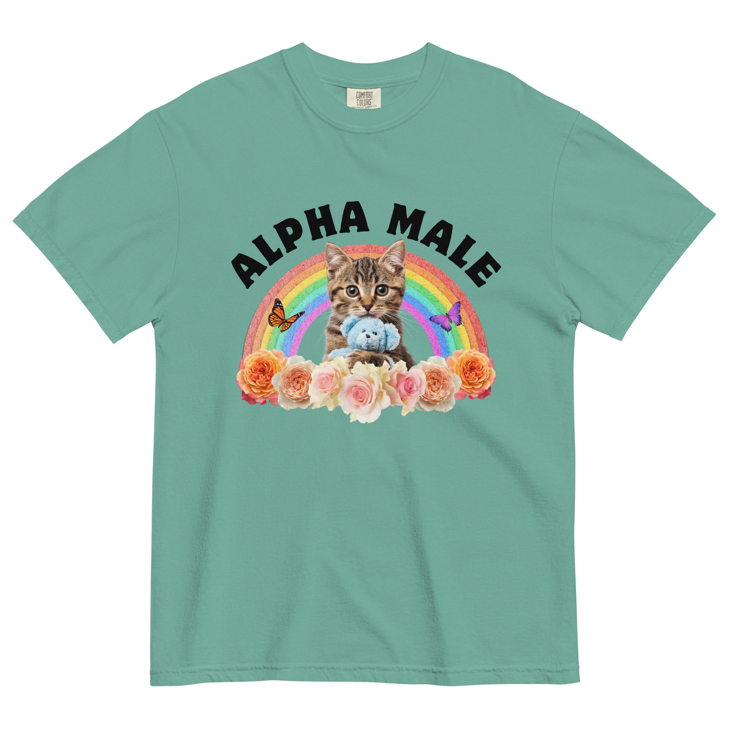 Funny Alpha Male Cat rainbow roses heavyweight graphic t-shirt in seafoam by Boozy Fox