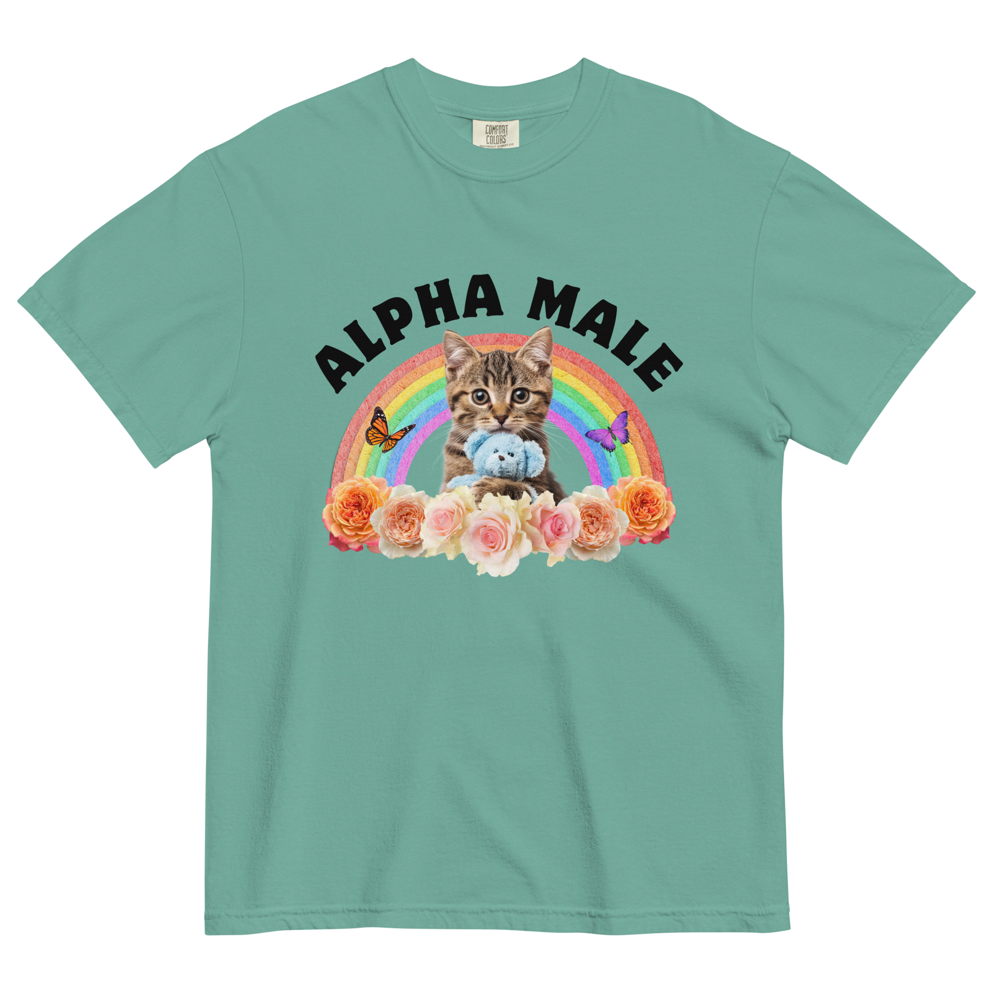 Funny Alpha Male Cat rainbow roses heavyweight graphic t-shirt in seafoam by Boozy Fox