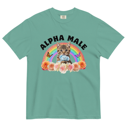 Funny Alpha Male Cat rainbow roses heavyweight graphic t-shirt in seafoam by Boozy Fox