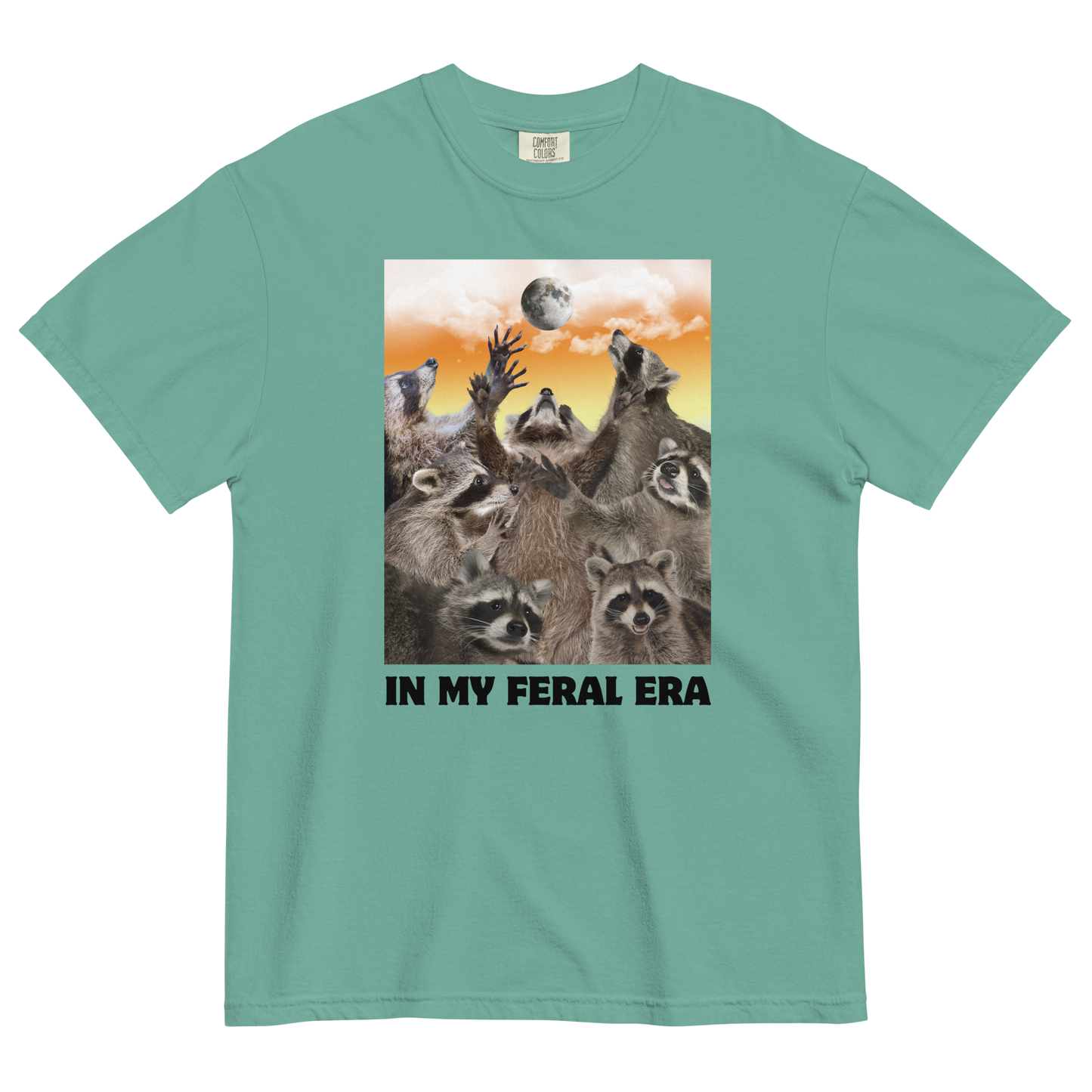 Funny In My Feral Era Raccoon heavyweight graphic t-shirt in seafoam by Boozy Fox
