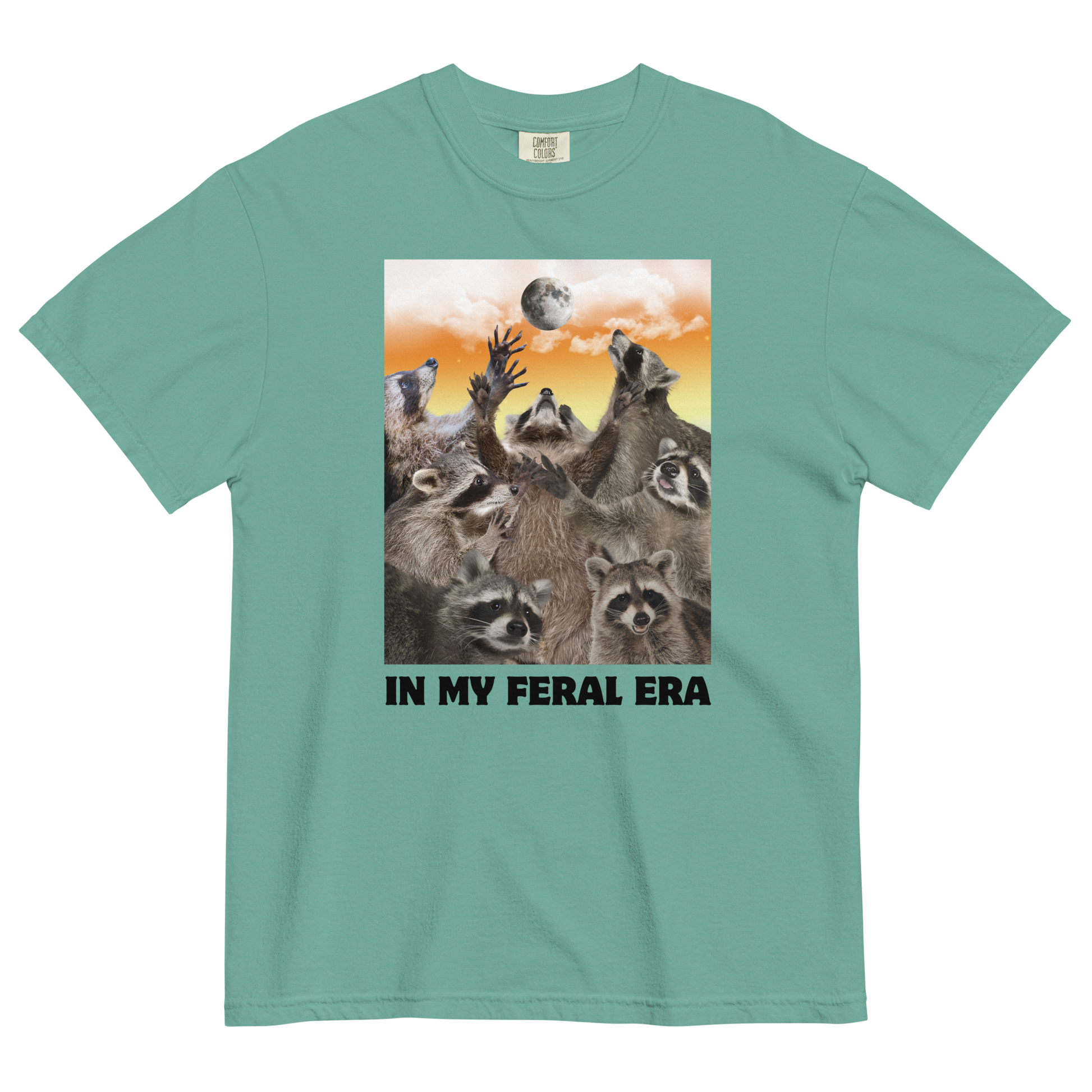 Funny In My Feral Era Raccoon heavyweight graphic t-shirt in seafoam by Boozy Fox