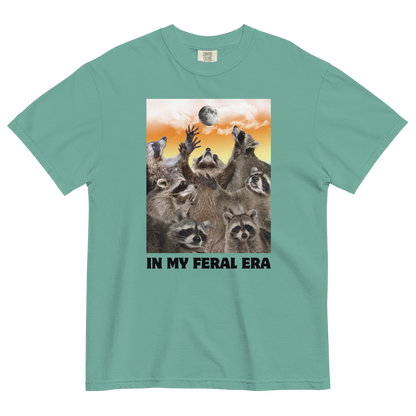 Funny In My Feral Era Raccoon heavyweight graphic t-shirt in seafoam by Boozy Fox