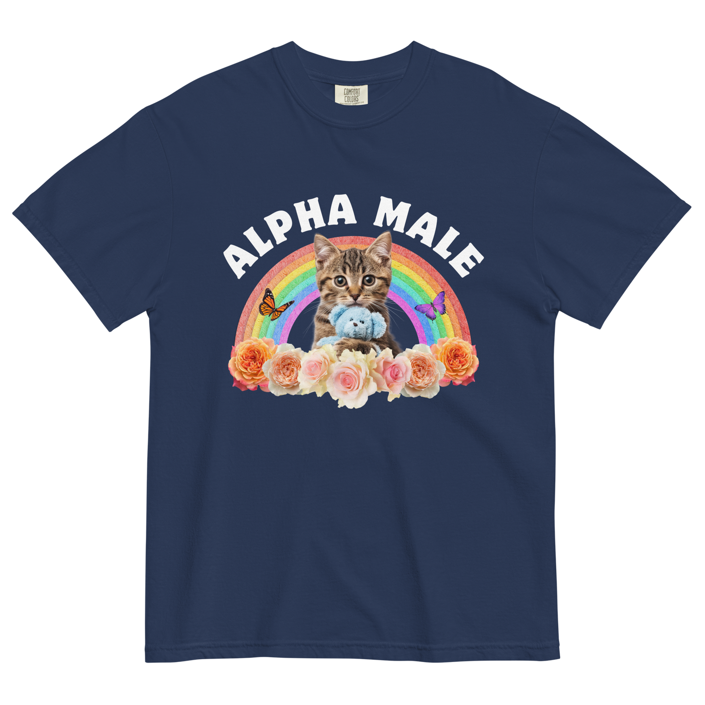 Funny Alpha Male Cat rainbow roses heavyweight graphic t-shirt in true navy by Boozy Fox