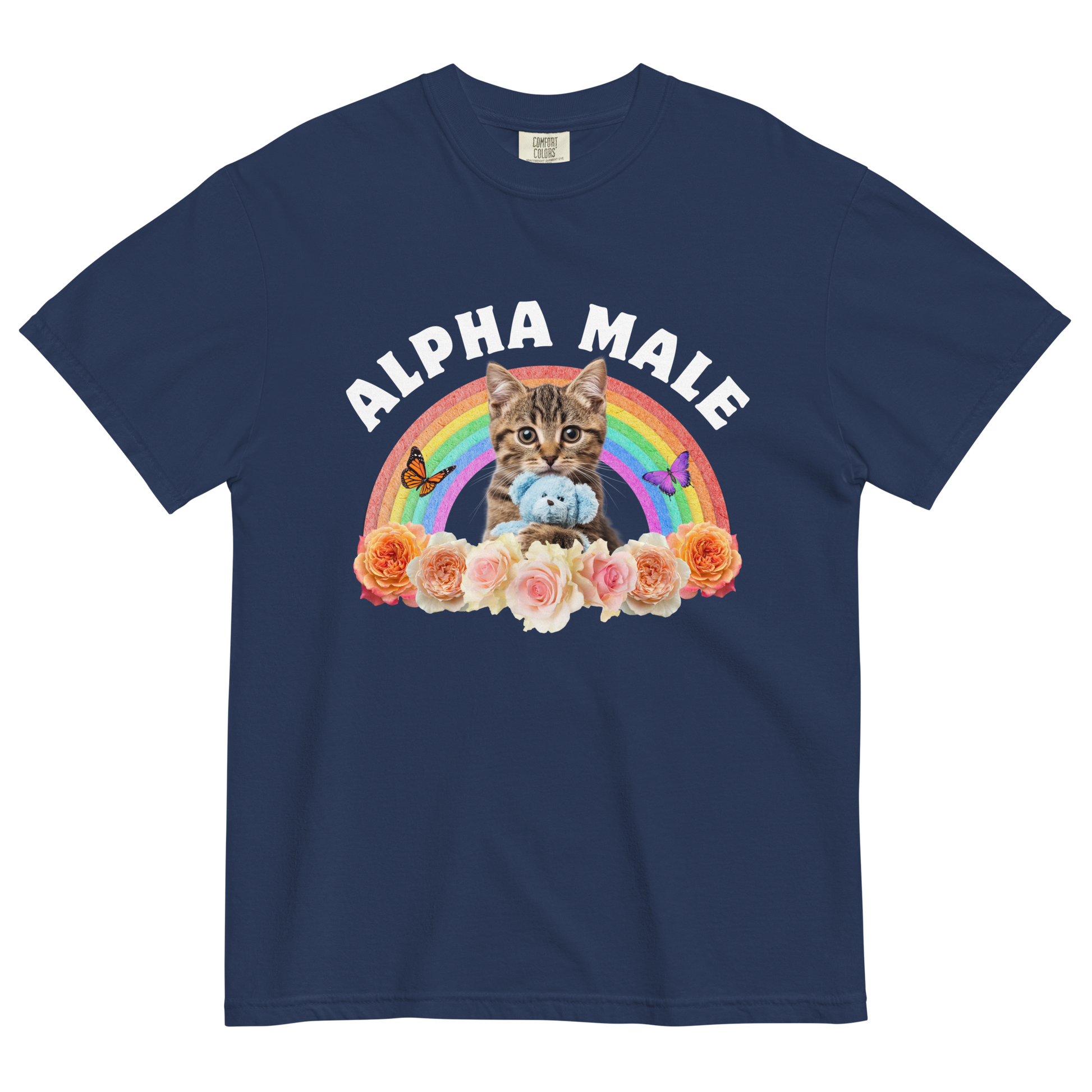 Funny Alpha Male Cat rainbow roses heavyweight graphic t-shirt in true navy by Boozy Fox