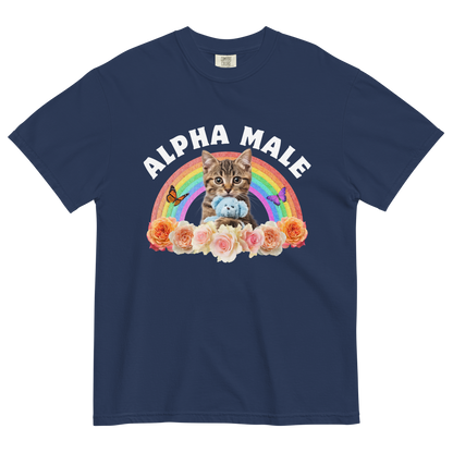 Funny Alpha Male Cat rainbow roses heavyweight graphic t-shirt in true navy by Boozy Fox