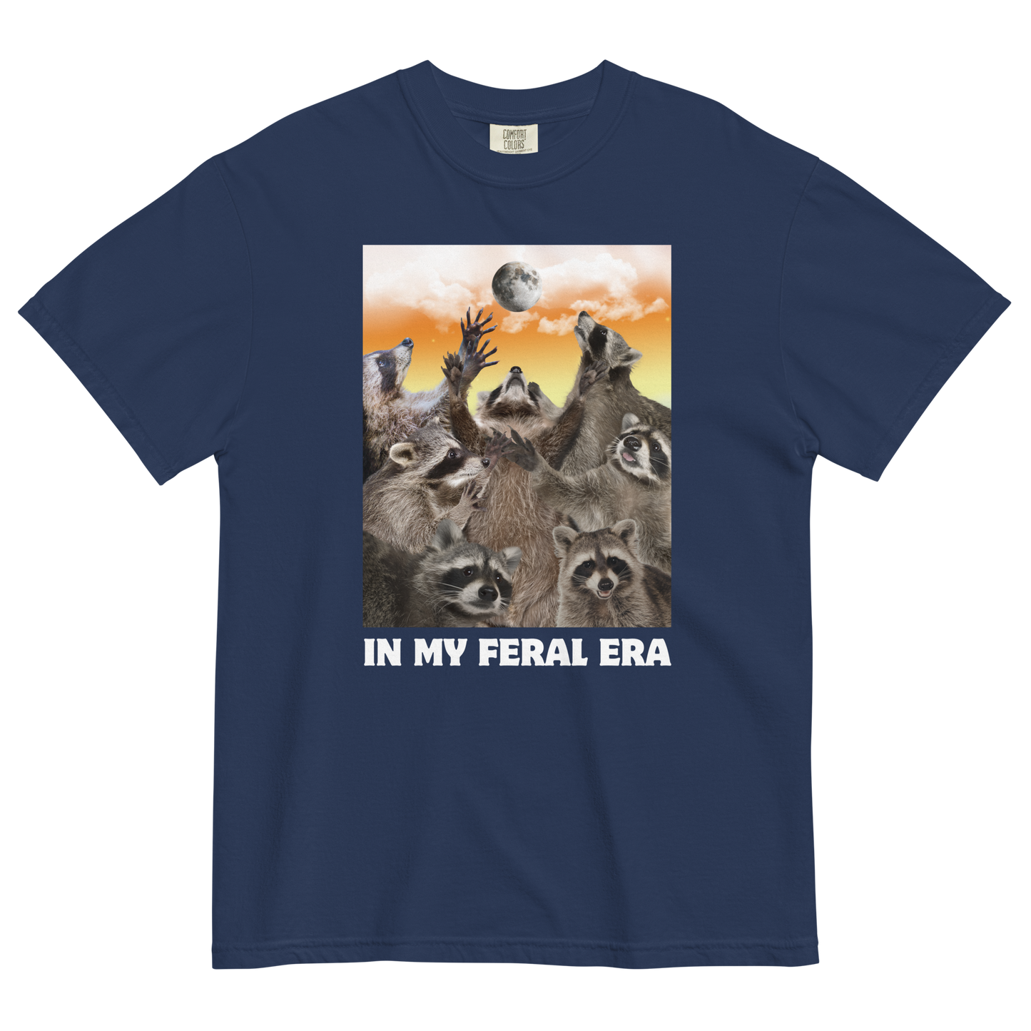 Funny In My Feral Era Raccoon heavyweight graphic t-shirt in true navy by Boozy Fox