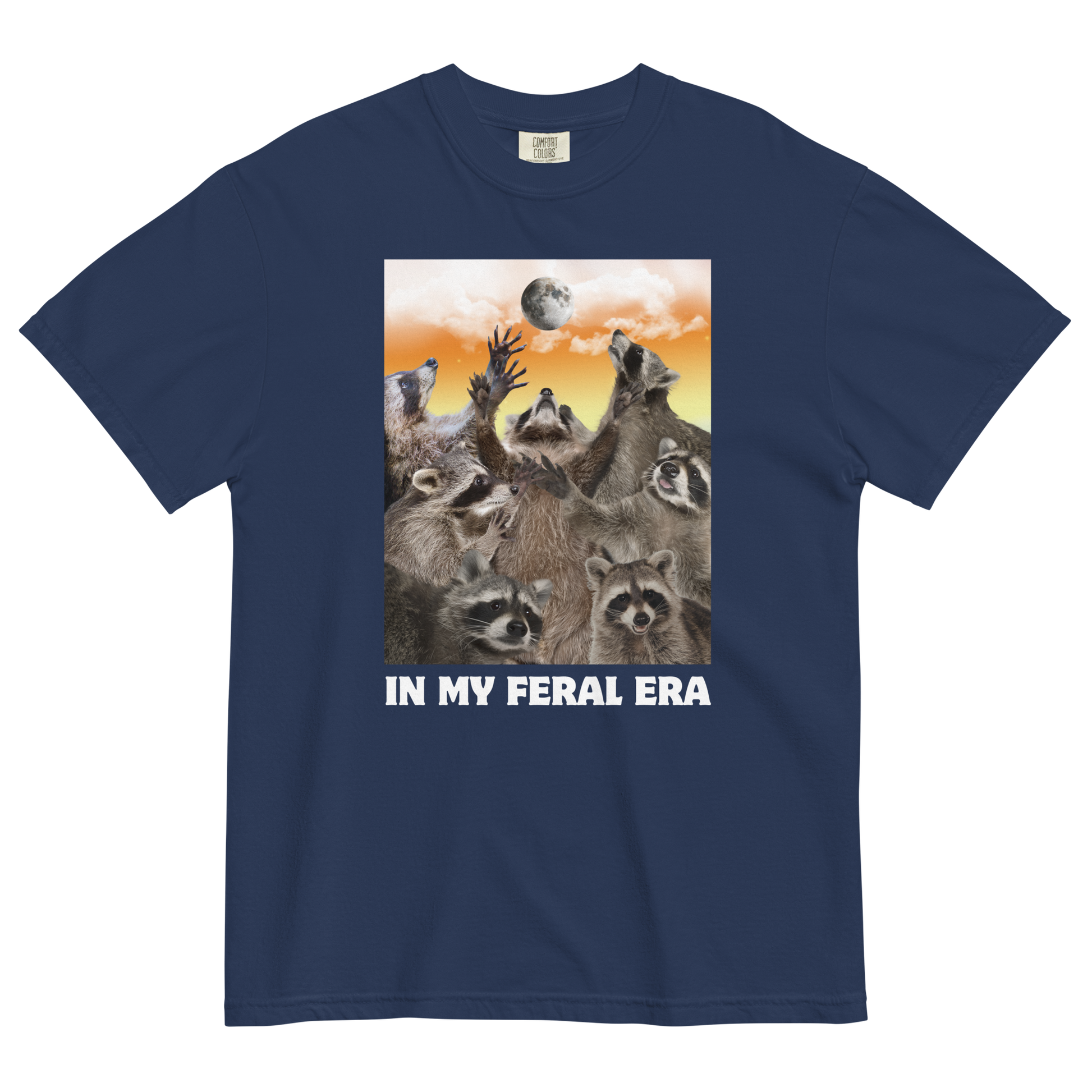 Funny In My Feral Era Raccoon heavyweight graphic t-shirt in true navy by Boozy Fox