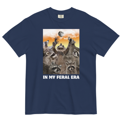 Funny In My Feral Era Raccoon heavyweight graphic t-shirt in true navy by Boozy Fox