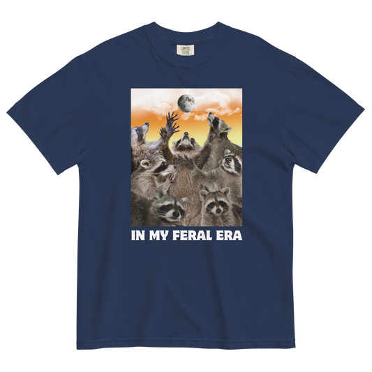 Funny In My Feral Era Raccoon heavyweight graphic t-shirt in true navy by Boozy Fox